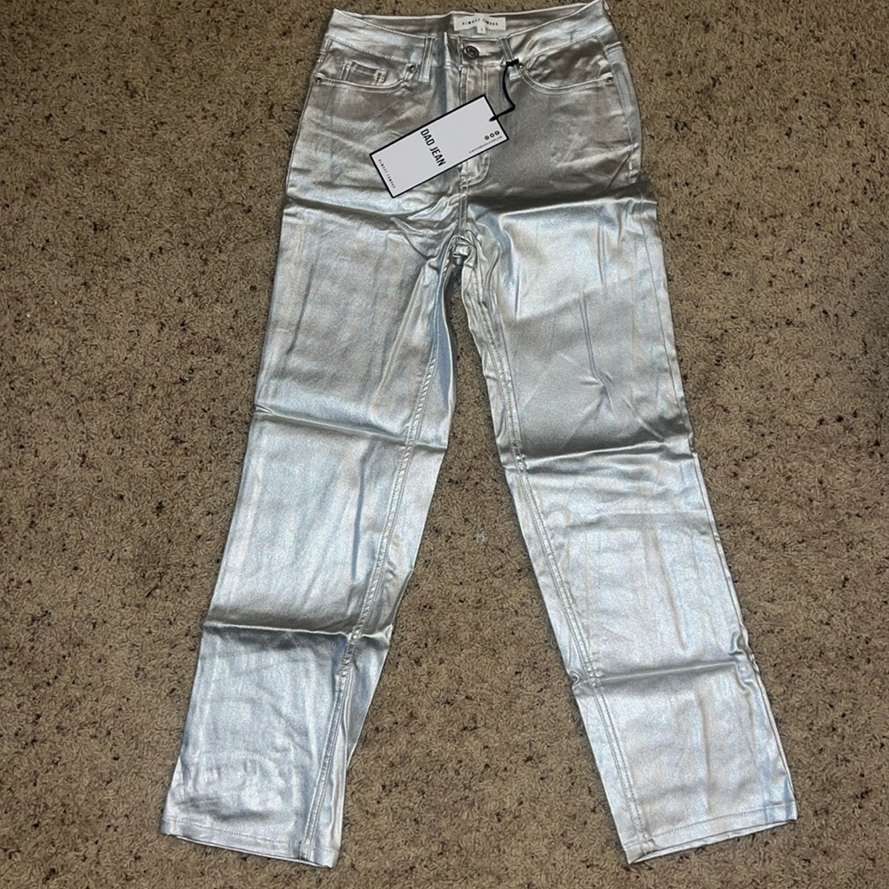 NWT Silver metallic Almost Famous Dad Jean 
Sizes 0,1,3,5,9 Juniors